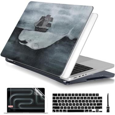 Imagem de Batianda Capa para MacBook Pro 16 polegadas versão 2024 2023 2021 com chip M4 M3 M2 M1 Pro/Max, capa protetora fina e leve com padrão criativo com capa de teclado e protetor de tela, tubarão