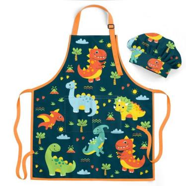 Imagem de Avental SANDJEST Dinosaur Kid para meninos com bolso e chapéu de chef