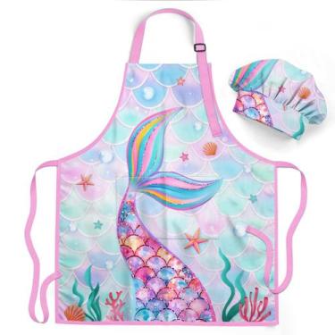 Imagem de Avental SANDJEST Mermaid Kid para meninas com bolso e chapéu de chef