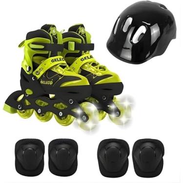 Imagem de Patins Infantil com 4 Rodas Iluminadas + Capacete e Itens de Proteção – Tamanho 35-38, Cor Amarela, Certificado INMETRO