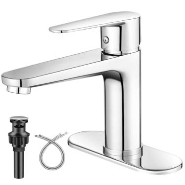 Imagem de YXOCVIR Torneira de banheiro cromada furo único alça única aço inoxidável 304 moderna pia comercial RV torneira com resíduos pop-up para pias de banheiro de 1 ou 3 furos 4 polegadas