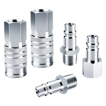 Imagem de Conjunto de acessórios de mangueira de ar de 1/5.1 cm, acoplador de alto fluxo 2 peças I/M tipo industrial com FNPT de 1/5.1 cm, 3 plugues com NPT de 1/5.1 cm, acessórios de compressor de ar de aço