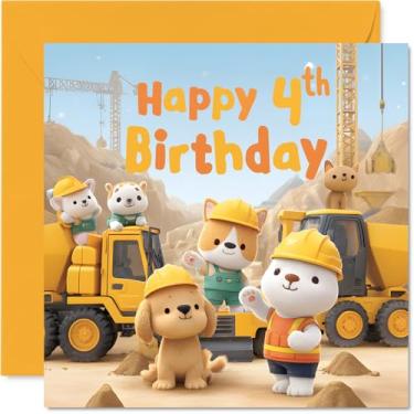 Imagem de Stuff4 Cartões de aniversário de 4 anos para meninas e meninos - Animais de construção infantil - Cartão de feliz aniversário para meninas de 4 anos, menino, sobrinha, filho, irmão, neta, cartões