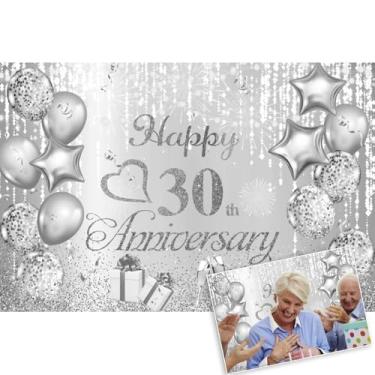 Imagem de OERJU Pano de fundo prateado Happy 30th Anniversary 30º aniversário de casamento cenário fotográfico 30 anos aniversário casamento aniversário decorações de festa fundo foto decoração de parede banner