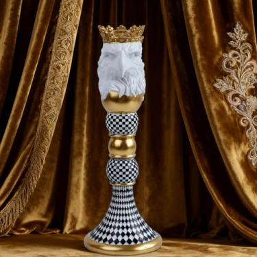 Imagem de Suporte de castiçal de animal coroado preto e branco com detalhes dourados estátua de resina eclética para decoração de casa moderna, centro de mesa