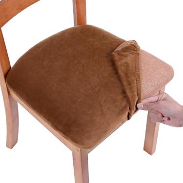 Imagem de Smiry Conjunto de 8 capas de veludo para cadeira de sala de jantar, ajuste elástico, removível, lavável, protetor de almofada de assento com gravatas, camelo