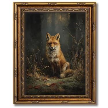 Imagem de Arte de parede emoldurada vintage florestal raposa floresta vida selvagem escuro Academia pintura decoração de parede natureza animais animais de fazenda impressão arte para sala de estar quarto chalé