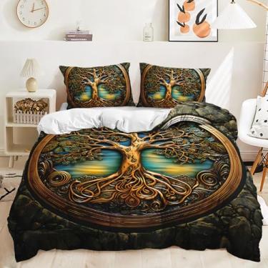 Imagem de AILONEN Conjunto de capa de edredom de árvore da vida, tamanho queen, estilo boêmio, para crianças, adolescentes e adultos, capa de edredom vintage árvore da vida com 2 fronhas, 3 peças