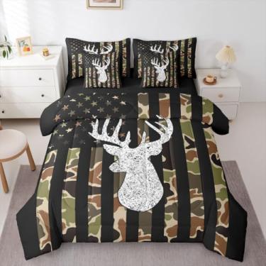 Imagem de Jogo de cama solteiro de caça de veado, 7 peças, com lençóis, fronhas e capa de almofada, para meninos, meninas, bandeira americana, camuflagem, cama em uma bolsa, microfibra e casa de fazenda do