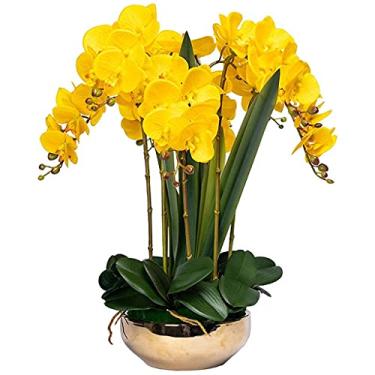 Imagem de LMJYU Orquídea artificial flor falsa Phalaenopsis 8 orquídeas flores falsas com vaso dourado, decoração de salão de casamento arranjo de flores