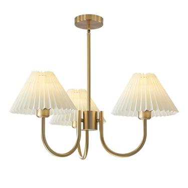 Imagem de Lustre de 3 luzes, luminária tradicional com detalhes plissados, lustre pequeno vintage para hall de entrada, lustre moderno de meados do século, lustres em dourado escovado para sala de jan