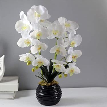 Imagem de Flor artificial com orquídea artificial com vaso, plantas falsas Phalaenopsis em vaso flor sintética para arranjos de sala de estar em casa
