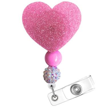 Imagem de Carretel de crachá de coração rosa claro bonito e brilhante com clipe retrátil, acessórios femininos para consultórios médicos, hospital, escola, presente de dia dos namorados, para professores