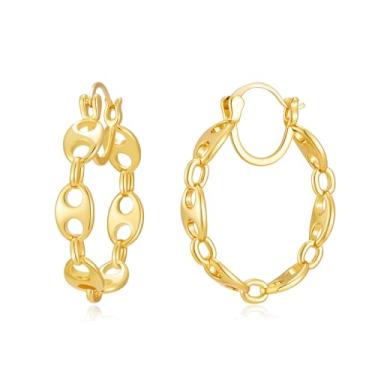 Imagem de Brincos de argola banhados a ouro 14K para mulheres - Brincos leves de argola de elos marinheiros, brincos de argola oval volumosos para presente de joias modernas