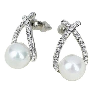 Imagem de Brinco Strass E Pérola Noiva Prata Madrinha Pequeno Delicado