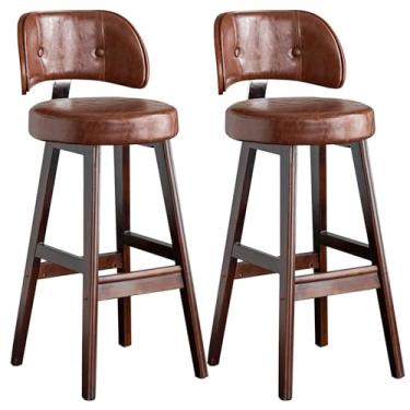 Imagem de Bancos de bar com altura de balcão com banco traseiro com pernas de madeira de nogueira banco estofado de couro PU banco de bar para ilha de cozinha e pub marrom 2 peças - 65 cm altura sentada