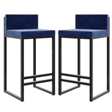 Imagem de Banquetas de veludo com altura para balcão com apoio para os pés nas costas para cozinha, banquetas modernas de metal, cadeiras de bar estofadas, bancos de ilha - azul, 2 peças, 75 cm de altura