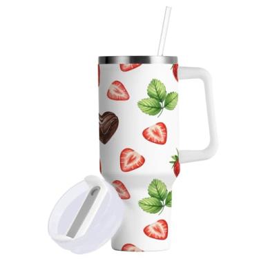 Imagem de ATTX Copo de chocolate e morangos de 850 g com alça - Caneca de viagem de aço inoxidável isolada a vácuo, xícara de café à prova de vazamento com canudo #576