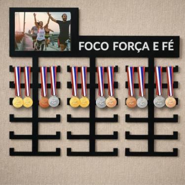 Imagem de Porta Medalhas de Parede MDF Preto com Porta Foto 10x15cm, Frase Foco Força e Fé, Capacidade 40 Medalhas, Corrida Ciclismo Artes Marciais, Inclui Parafusos