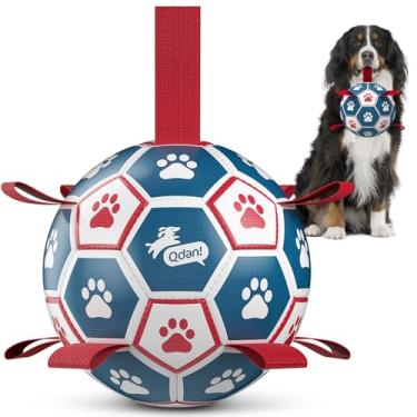 Imagem de QDAN Bola de futebol extragrande com alças, brinquedos interativos para cães para cabo de guerra, aniversário de filhote e brinquedo aquático, bolas grandes para cães - azul e vermelho (22 cm)