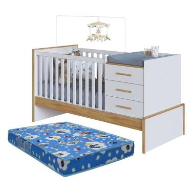 Imagem de Berço Multifuncional Beni 4 Em 1 Branco Brilho/amêndoa Com 3 Gavetas E Colchão Baby Physical - Móveis Peroba