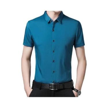 Imagem de Camisa masculina de manga curta casual de cor sólida sem engomar top c