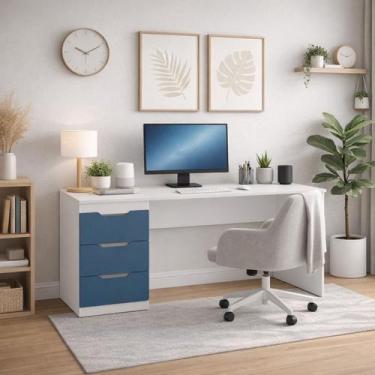 Imagem de Escrivaninha Escritótio 3 Gavetas 163cm Madri Politorno Móveis, Branco