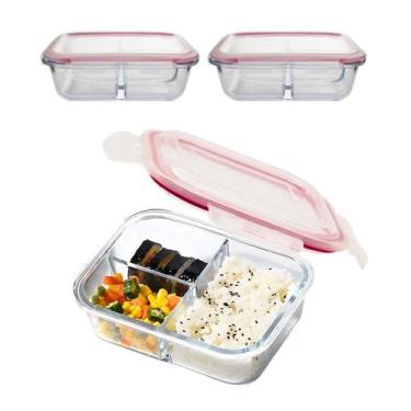 Imagem de Kit 2 Potes De Vidro 1410ml 3 Divisórias Hermético Marmita Fit Com Tra