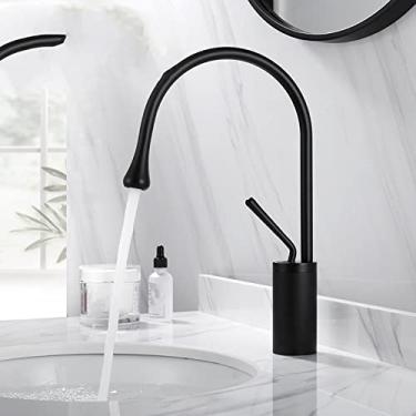 Imagem de Torneira de lavatório estilo gota escovado latão torneiras de banheiro quente e frio torneiras 360 giratórias em cascata Art Crane, preto curto