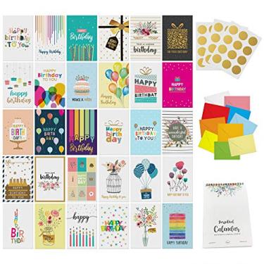 Imagem de Dessie 30 cartões exclusivos de feliz aniversário - 30 cartões de aniversário de folha de ouro a granel com mensagem dentro. 32 envelopes brancos e coloridos, calendário de aniversário perpétuo e