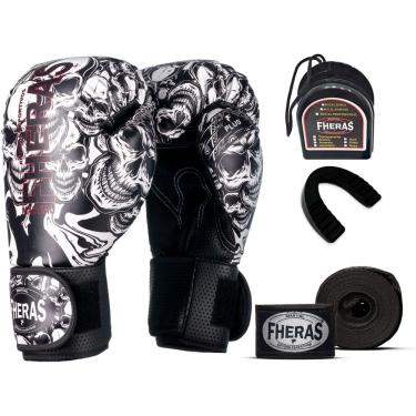 Imagem de Kit Luva de Boxe Muay Thai mma Bandagem e Bucal 12oz Caveira