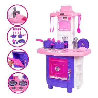 Imagem de Kit Mini Cozinha Infantil Completa Rosa Com Pia Fogão Forno  - Pais E