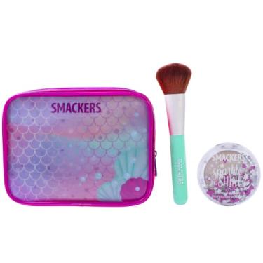 Imagem de Lip Smacker Sparkle & Shine Magic Shimmer em pó, bolsa de maquiagem, pincel de maquiagem para meninas, kit de presente sereia