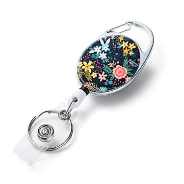 Imagem de Carretéis de crachá retráteis, suportes de crachá retráteis com padrão de impressão de cor dupla face, com chaveiro retrátil, clipe de crachá e chaveiro, corda retrátil de nylon durável, flor em preto