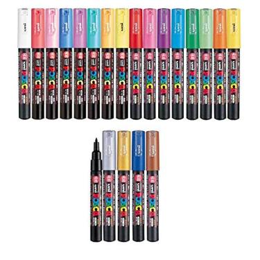 Imagem de Conjunto de pacotes do marcador de tinta Uni Posca FULL RANGE, Mitsubishi Poster Color ALL COLOR Marking Pen Extra Fine Point (PC-1M ) 21 Cores (14 St