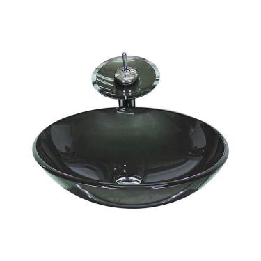 Imagem de Cuba de Vidro Redonda 35cm + Válvula + Torneira Cascata Grafite