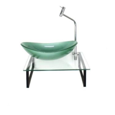 Imagem de Kit Cuba de Vidro Oval 10cm com Tampo 40cm e Suporte Verde Oliva