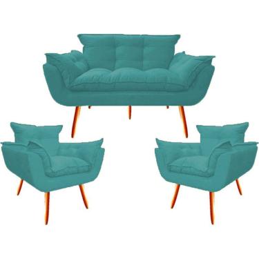 Imagem de Namoradeira + 2 Poltronas Opalla Decorativa Reforçada Recepção Sala De Estar Suede Azul Tifany