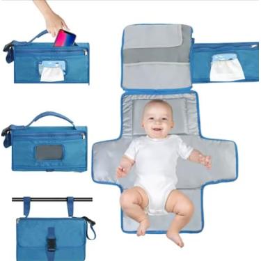 Imagem de 2 em 1 Trocador de Fraldas Portátil, Bolsa Trocador Portátil Dobrável Reutilizável Bebê Menina/Menino recém-nascidos – trocar bebê com bolso inteligente Dobrável Com Porta Fralda e Lenço – Kit troca de viagem impermeável (Azul)