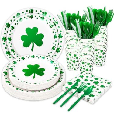 Imagem de FYSUIMU Conjunto de utensílios de mesa para o dia de São Patrício, 168 peças, papel alumínio, trevo verde, descartável, com design de trevo da sorte, pratos, guardanapos, copos, facas de plástico,