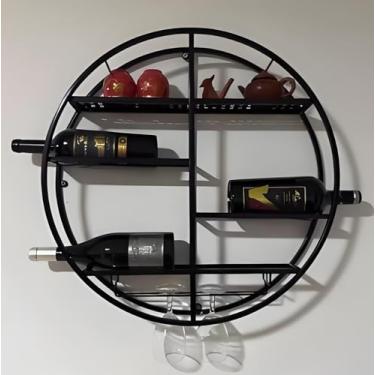 Imagem de Rack de vinho montado na parede - Prateleiras redondas flutuantes, exibição de garrafa de bebida com economia de espaço com suporte de taça de vinho, armazenamento de vinho de metal estilo industrial