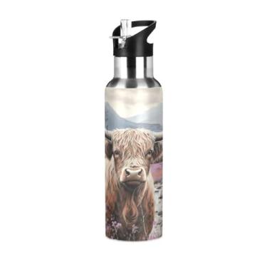 Imagem de Burbuja Garrafa de água de aço inoxidável Highland Cow Painting, garrafas de água isoladas a vácuo com tampa de canudo para esportes, academia, escola - à prova de vazamento e suor, sem BPA, 590 ml