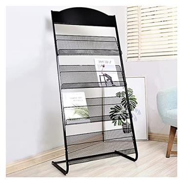 Imagem de Porta-revistas de aço, suporte de folheto de 3 camadas com moldura durável - perfeito para salas de espera, aeroportos e bancos - exibição de catálogo de suporte de chão prateado/preto/branco elegante