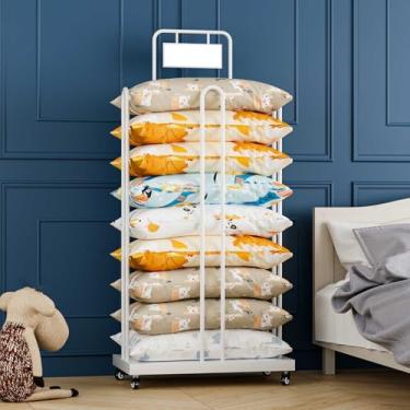 Imagem de Suporte organizador de travesseiro com rodas giratórias, suporte de travesseiro de grande capacidade com suporte de sinalização, prateleira de exibição de chão para cobertor/colcha