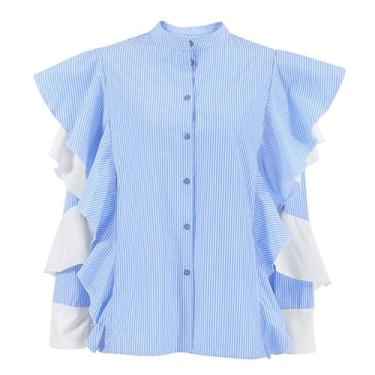 Imagem de Camisa Feminina Top Stand Collar Blush De Manga Comprida, Senhoras Casuais, Azul Listrado Camiseta