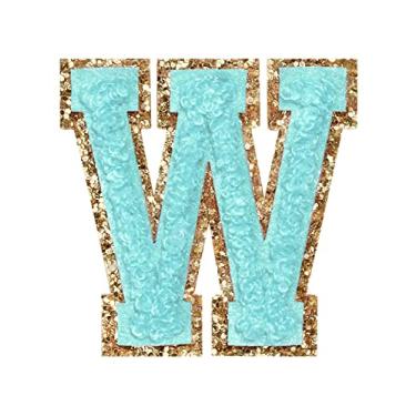 Imagem de 3 Pçs Chenille Letter Patches Ferro em Patches Glitter Varsity Letter Patches Bordado Borda Dourada Costurar em Patches para Vestuário Chapéu Camisa Bolsa (Azul, W)