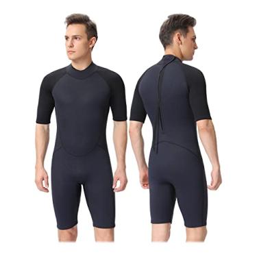 Imagem de Roupa de mergulho masculina shorty, neoprene de 2 mm, manga curta, zíper nas costas, traje de surfe curto de 1,5 mm, mantém aquecido em água fria para snorkeling e caiaque (azul escuro 2 mm, 3GG)