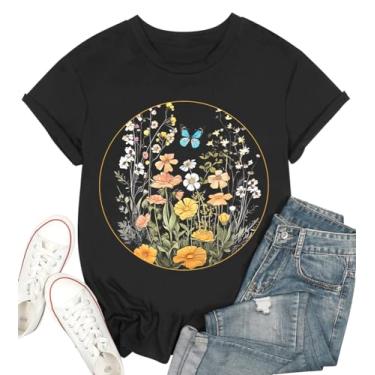 Imagem de YLISA Camiseta feminina vintage com flores boêmias, floral, botânica, casual, estampa de flores silvestres, Preto 2, M
