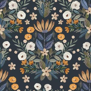 Imagem de Floralplus Papel de parede removível Boho Papel de parede removível Boho Peel and Stick Leaf Floral Wallpaper Shelf Liners para armários de cozinha, armário escolar decoração de parede 45 x 199 cm