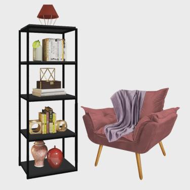 Imagem de Kit Poltrona Fatte com Manta Soft Lilás e Estante Livreiro Ferro Preto mdf Preto Suede Rose Gold - Ahazzo Móveis